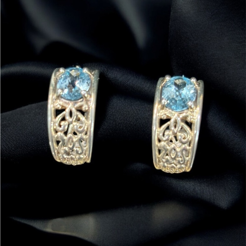 Sterling Silver Blue Topaz  Hoop Earrings. - Picture 2 of 12